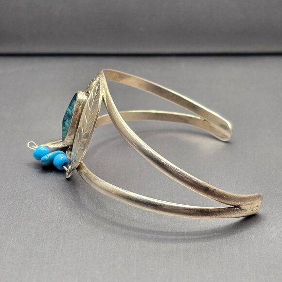 VTG Southwestern Sterling Silver Bracelet 6.75" Crushed Turquoise Feather Charm - Picture 6 of 15